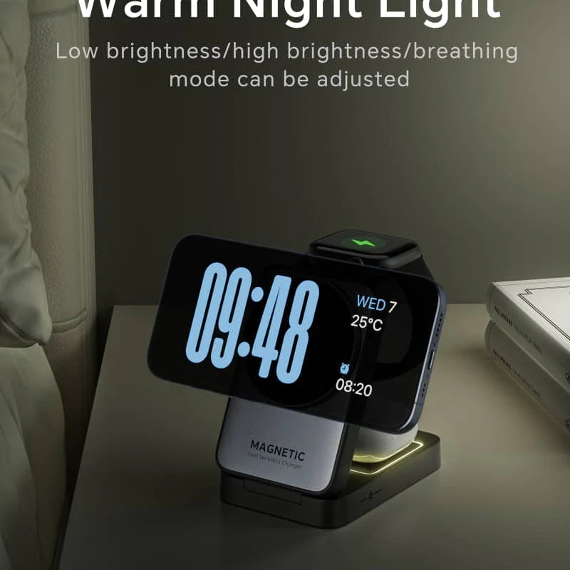 W91 Salokāms 3-in-1 Magnētiskais Bezvadu Lādētājs ar Nakts Apgaismojumu (Qi2, 15W)Magsafe