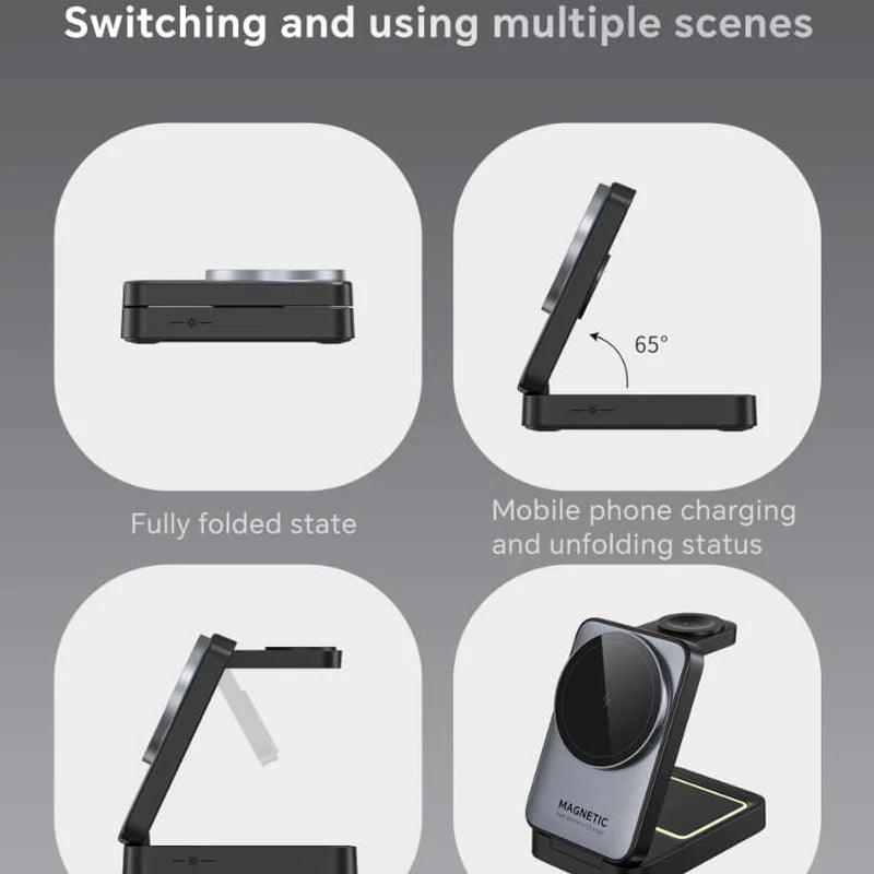 W91 Salokāms 3-in-1 Magnētiskais Bezvadu Lādētājs ar Nakts Apgaismojumu (Qi2, 15W)Magsafe