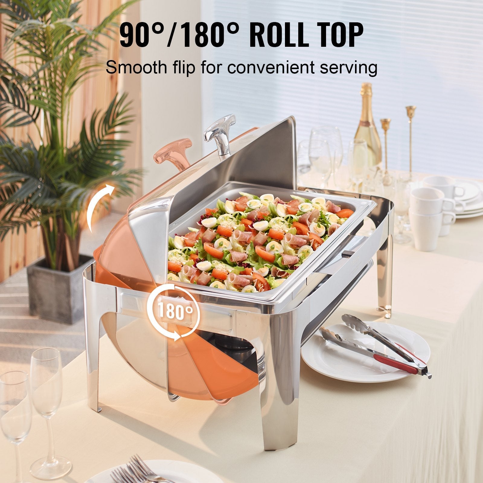 VEVOR roll-top ēdienu sildītājs – pilns bufetes komplekts, 8 l, nerūsējošā tērauda, ar vāku, ūdens pannu, statīvu un degļa turētāju, piemērots vismaz 8 personām