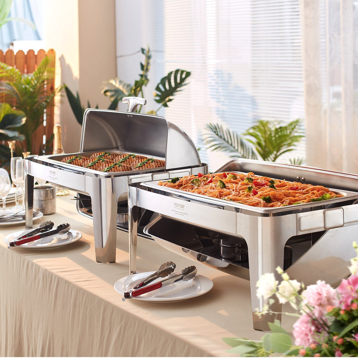 VEVOR roll-top ēdienu sildītājs – pilns bufetes komplekts, 8 l, nerūsējošā tērauda, ar vāku, ūdens pannu, statīvu un degļa turētāju, piemērots vismaz 8 personām