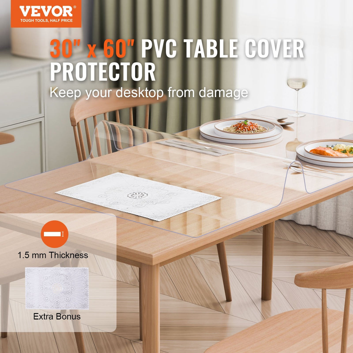 VEVOR PVC Galda aizsargs 76x152 cm, caurspīdīgs plastmasas galda aizsargs, 1.5 mm biezs