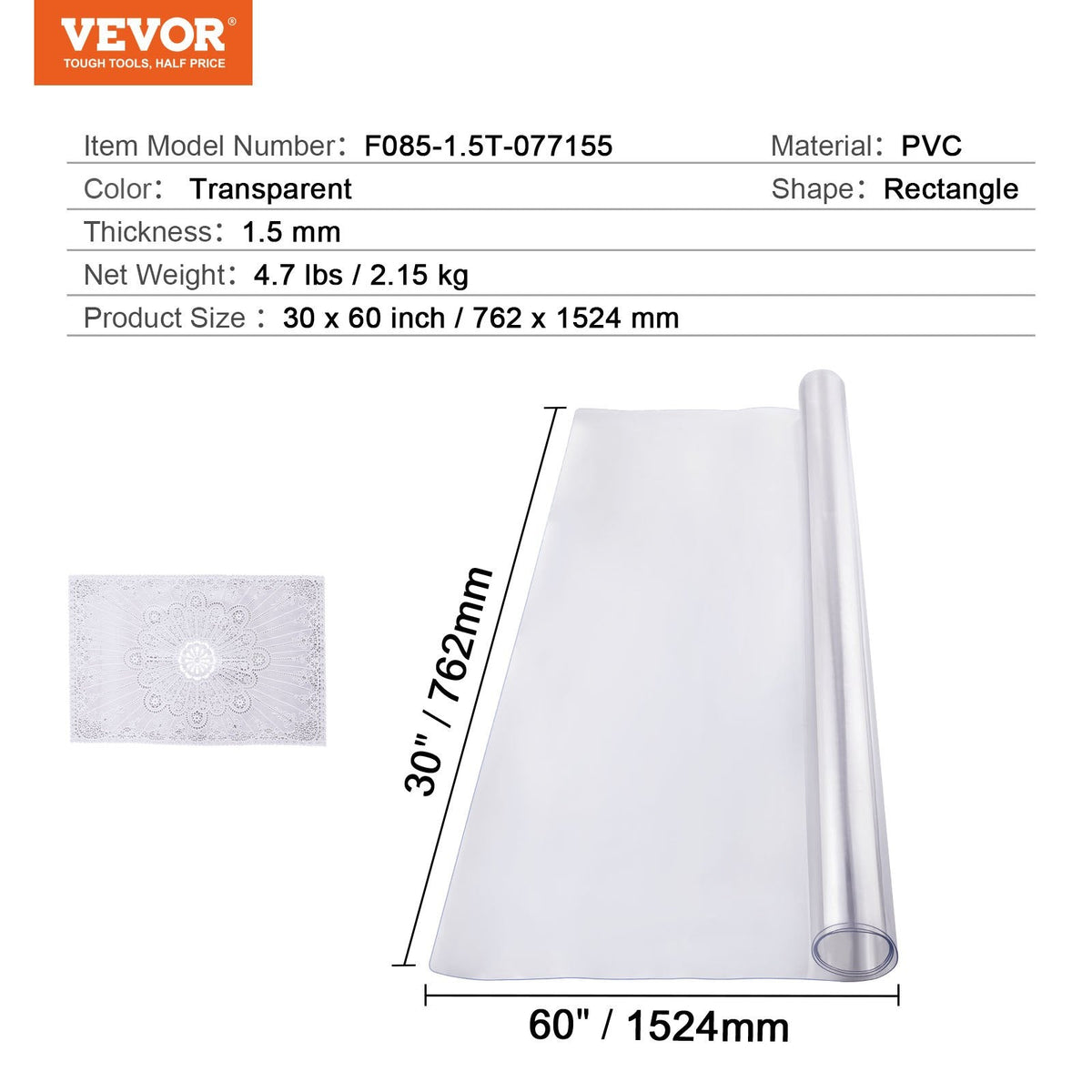 VEVOR PVC Galda aizsargs 76x152 cm, caurspīdīgs plastmasas galda aizsargs, 1.5 mm biezs