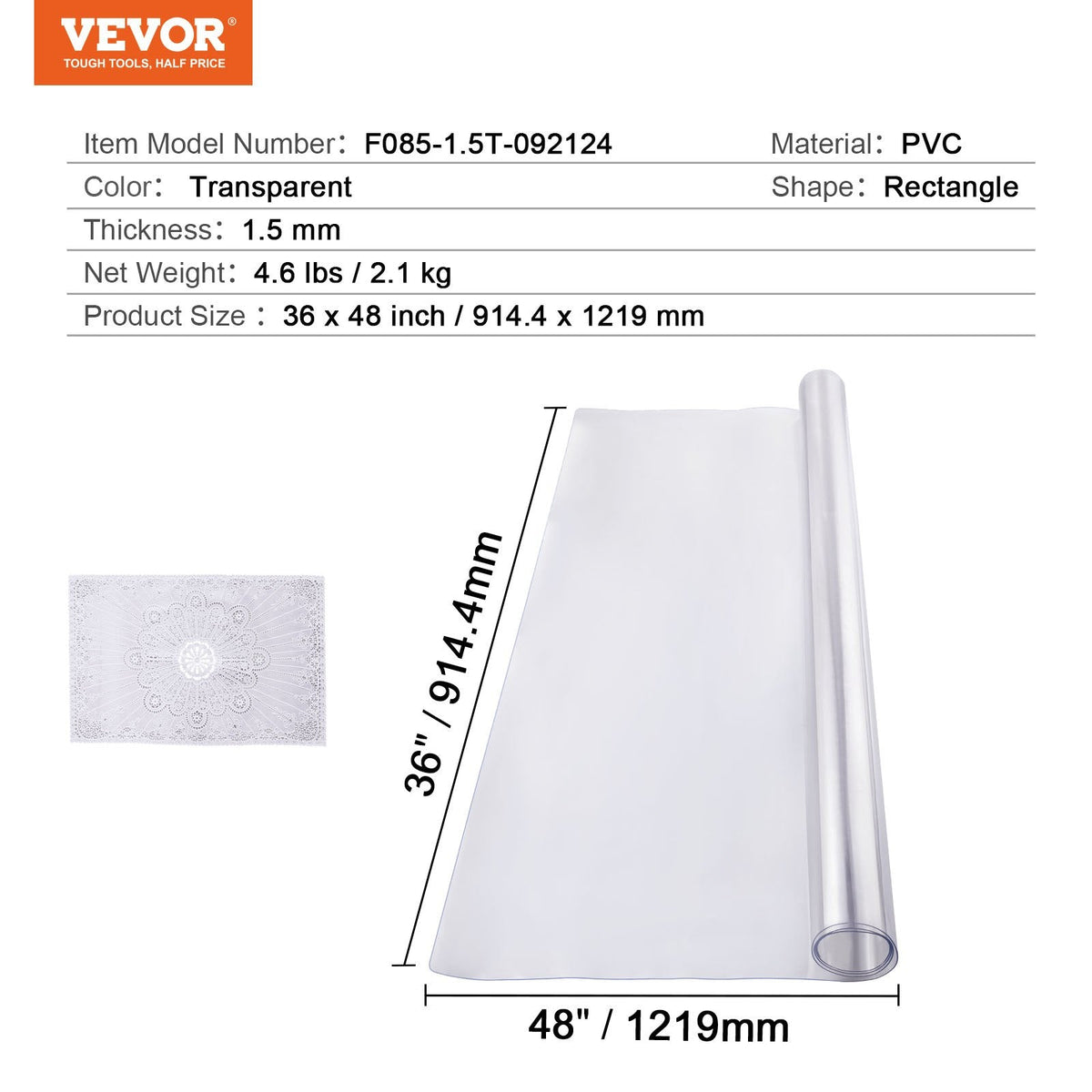 VEVOR PVC galda aizsargs 91x122 cm, caurspīdīgs, 1,5 mm biezs