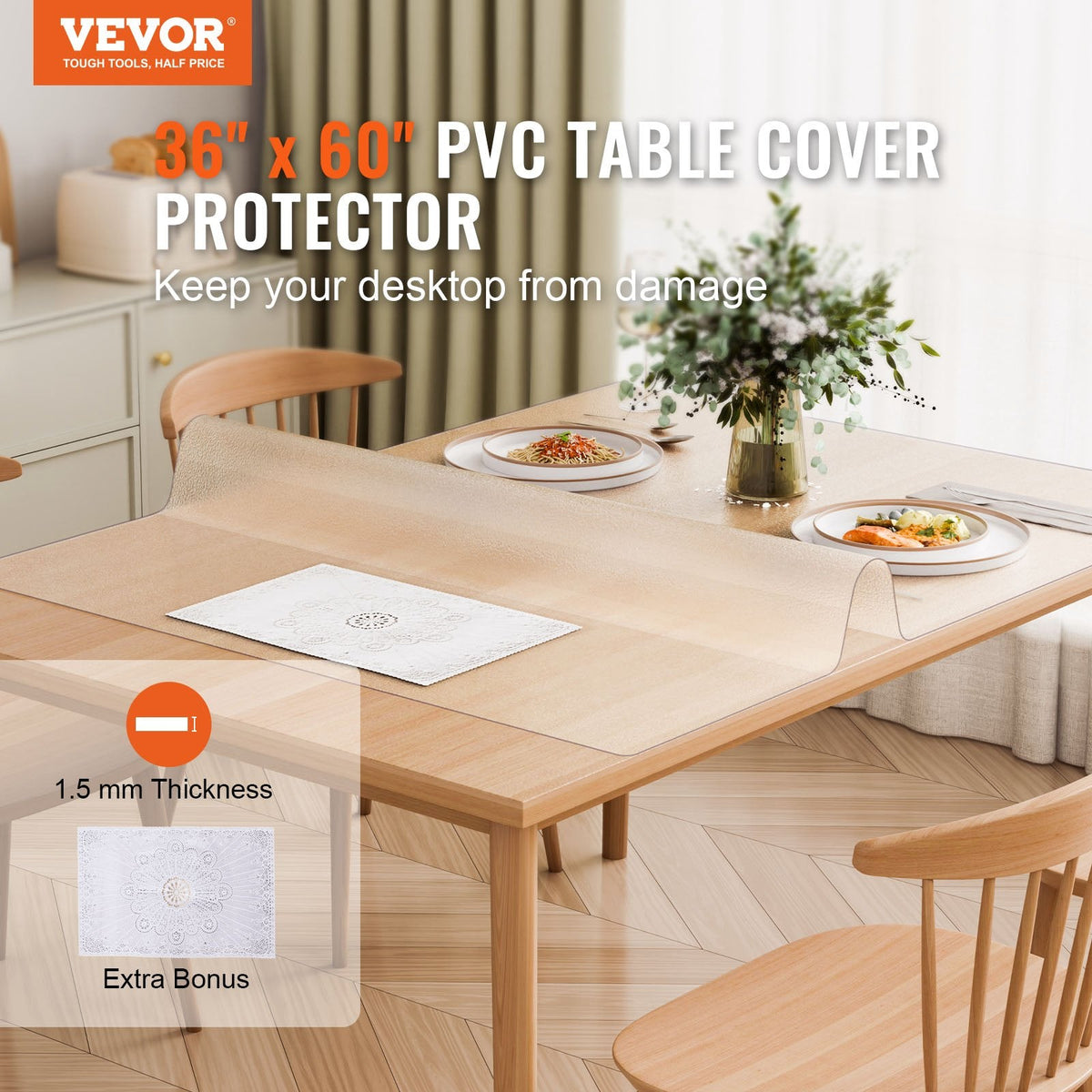 VEVOR PVC galda aizsargpārklājs 914 x 1524 mm, matēts, 1,5 mm biezs