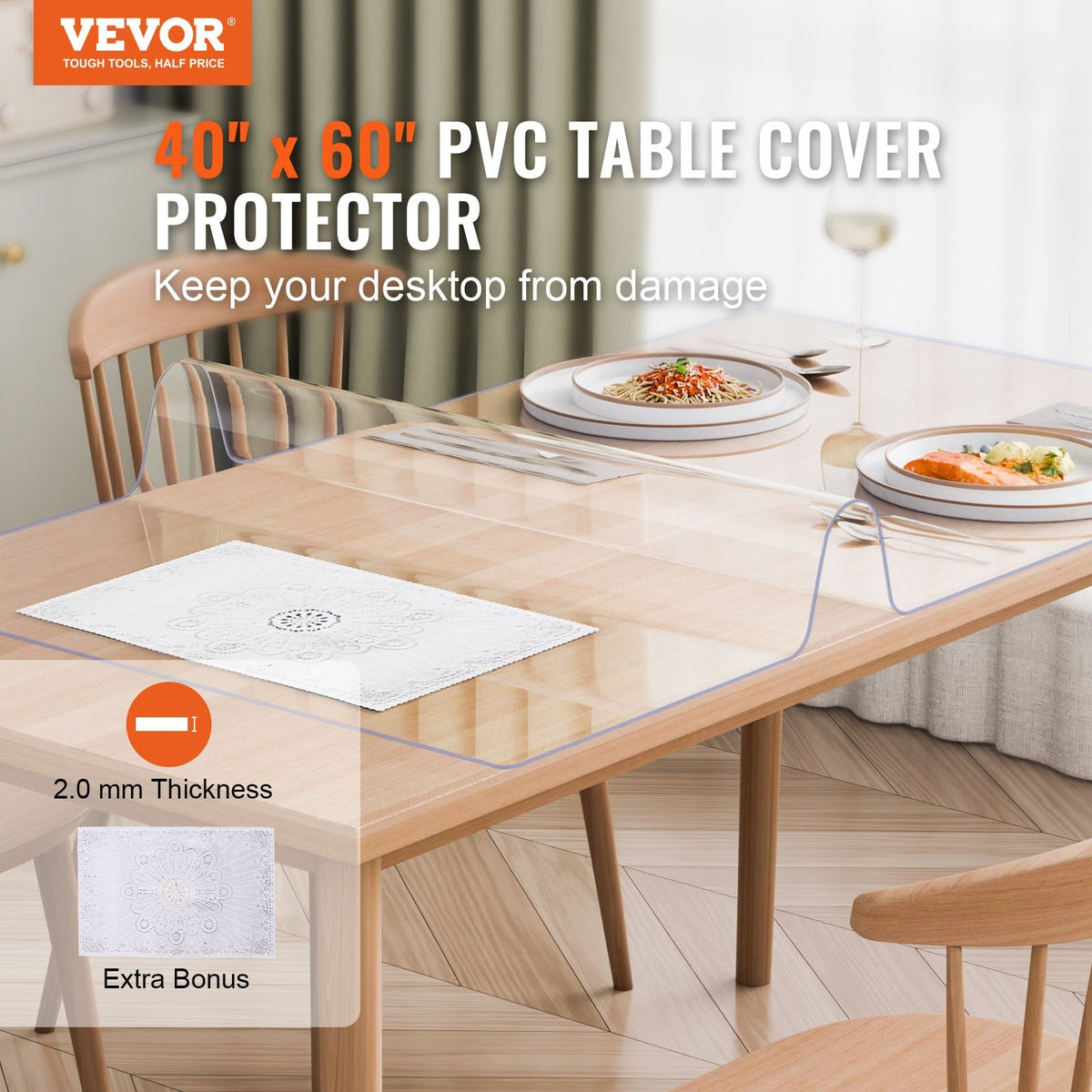 VEVOR PVC galda aizsargs, caurspīdīga plastmasa, 101 × 152 cm, 2,0 mm biezums