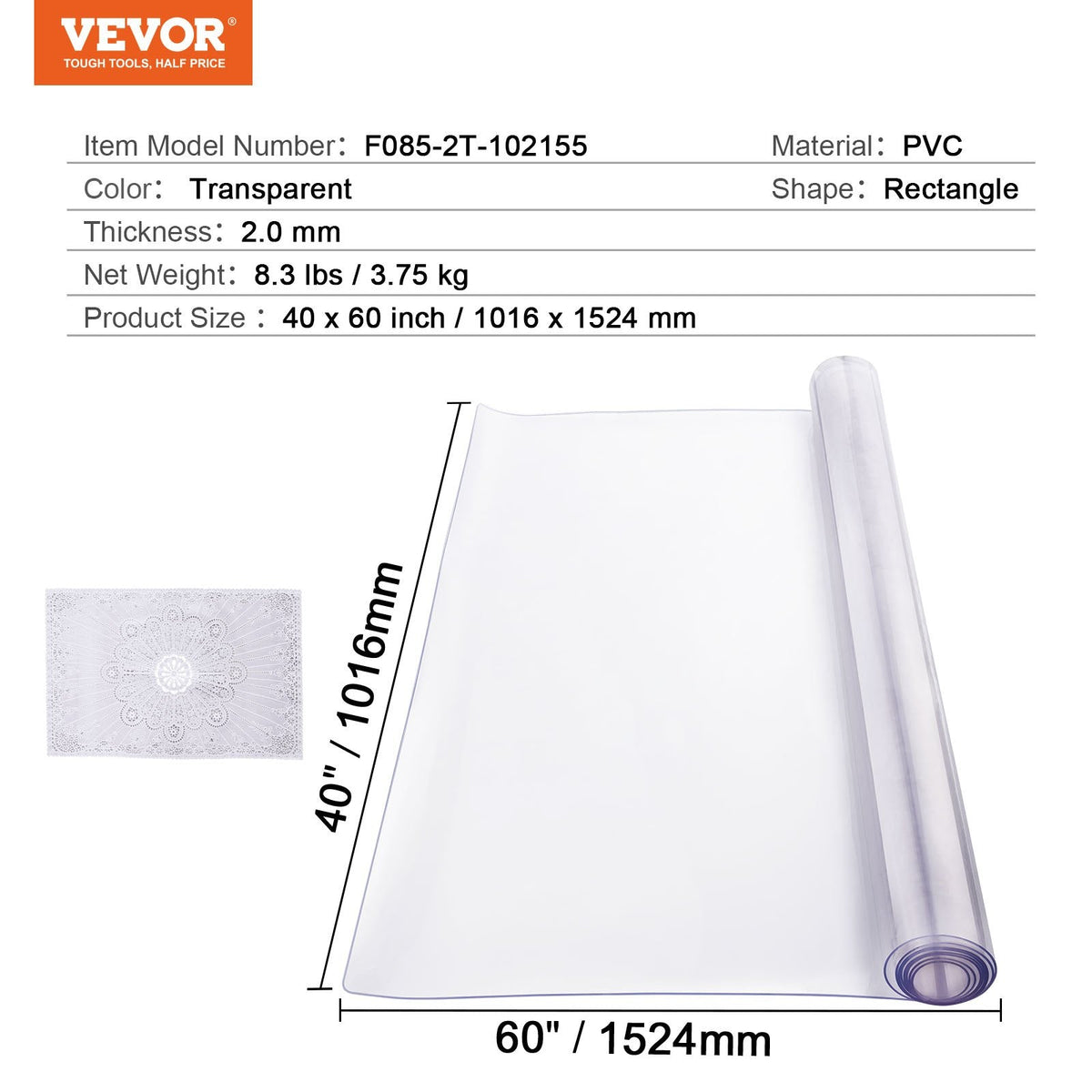 VEVOR PVC galda aizsargs, caurspīdīga plastmasa, 101 × 152 cm, 2,0 mm biezums