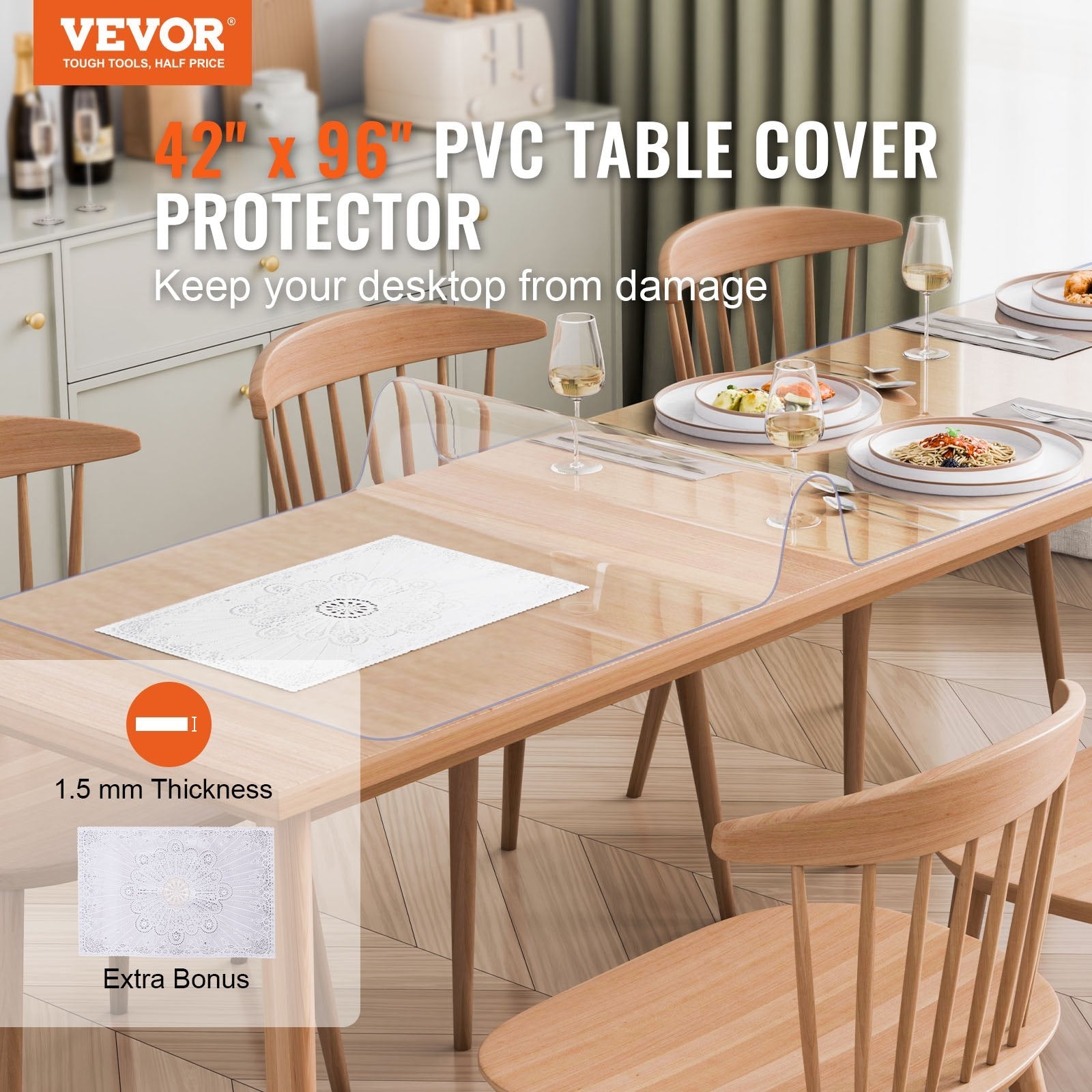 VEVOR PVC galda aizsargpārklājs, 42 × 96 collas, caurspīdīgs plastmasas galda pārklājs, 1,5 mm biezs