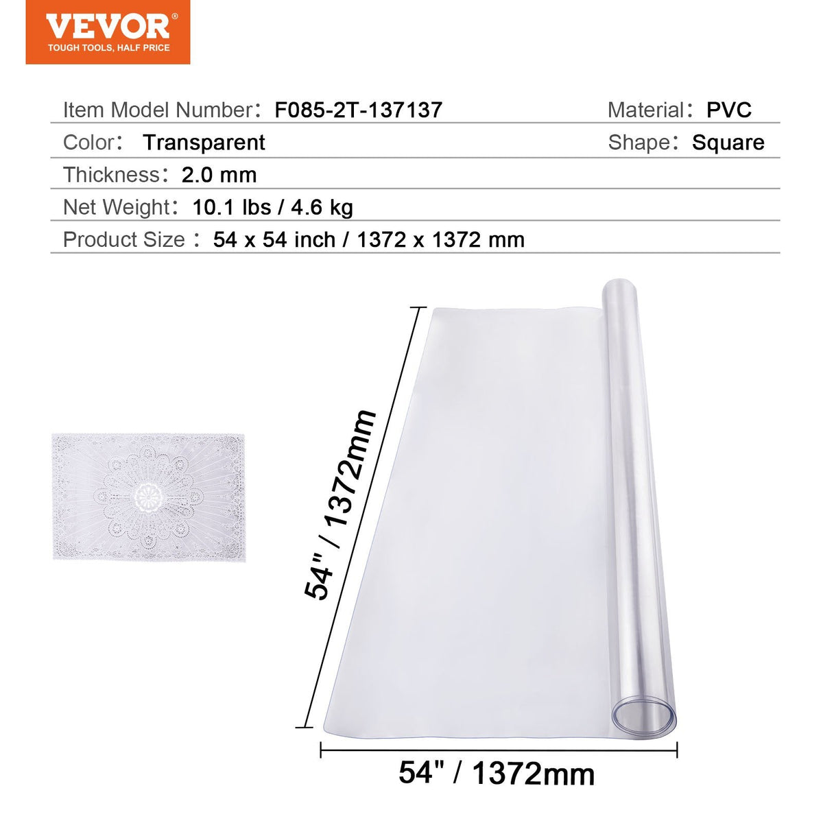 VEVOR PVC galda aizsargs, 137 × 137 cm, caurspīdīgs plastmasas virsmas aizsargs, 2,0 mm biezs