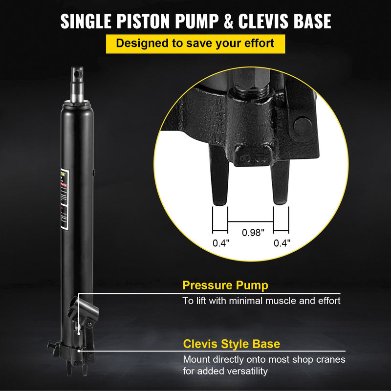 Гидравлический длиннорамный домкрат VEVOR, грузоподъемность 3 т, с однопоршневым насосом и основанием типа Clevis, ручной стул с рукояткой, подходит для гаражных/мастерских кранов, подъема двигателей, черный