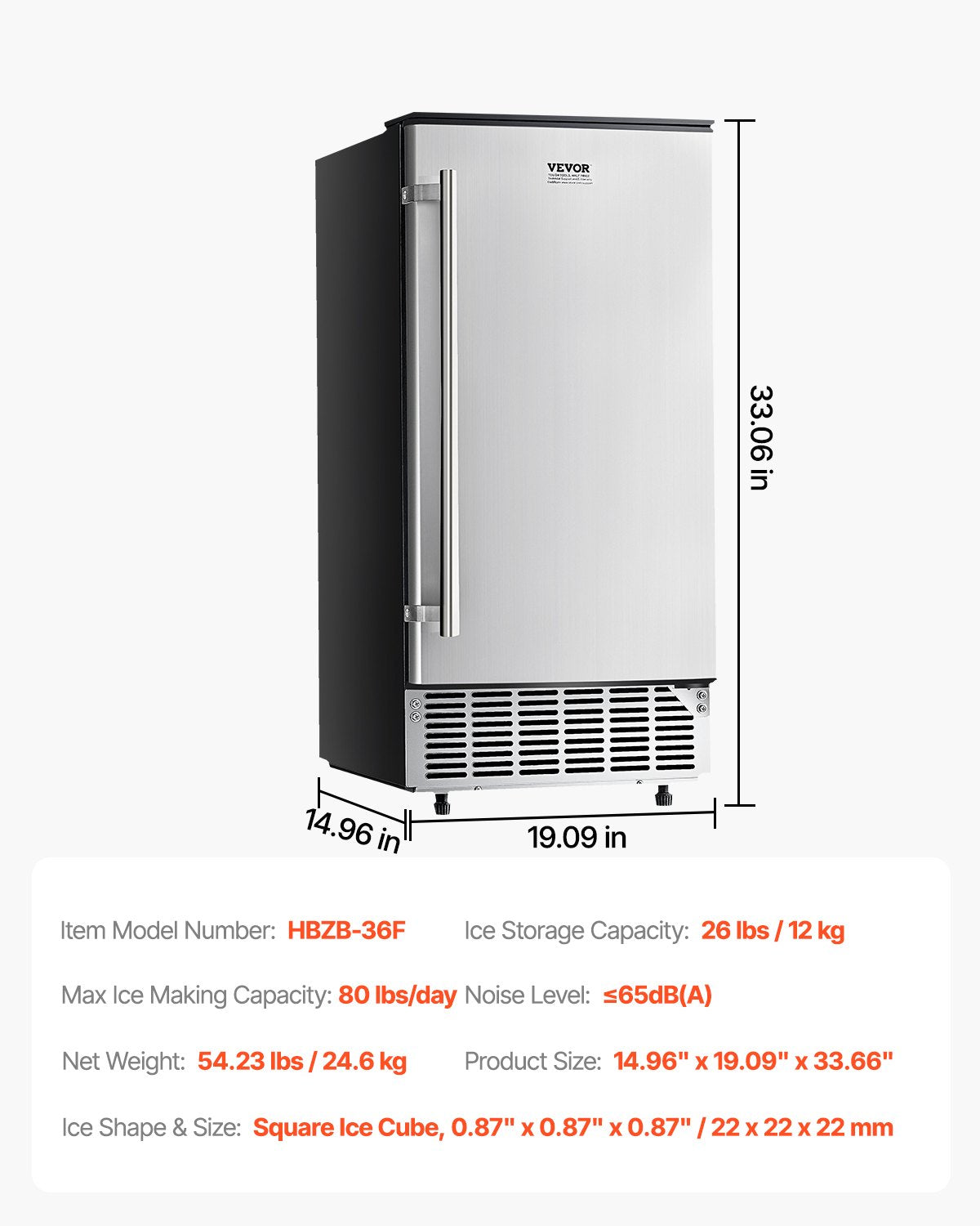 VEVOR Zem letes ledus pagatavotājs 36 kg/dienā, ar noteces sūkni, apgriežamām durvīm