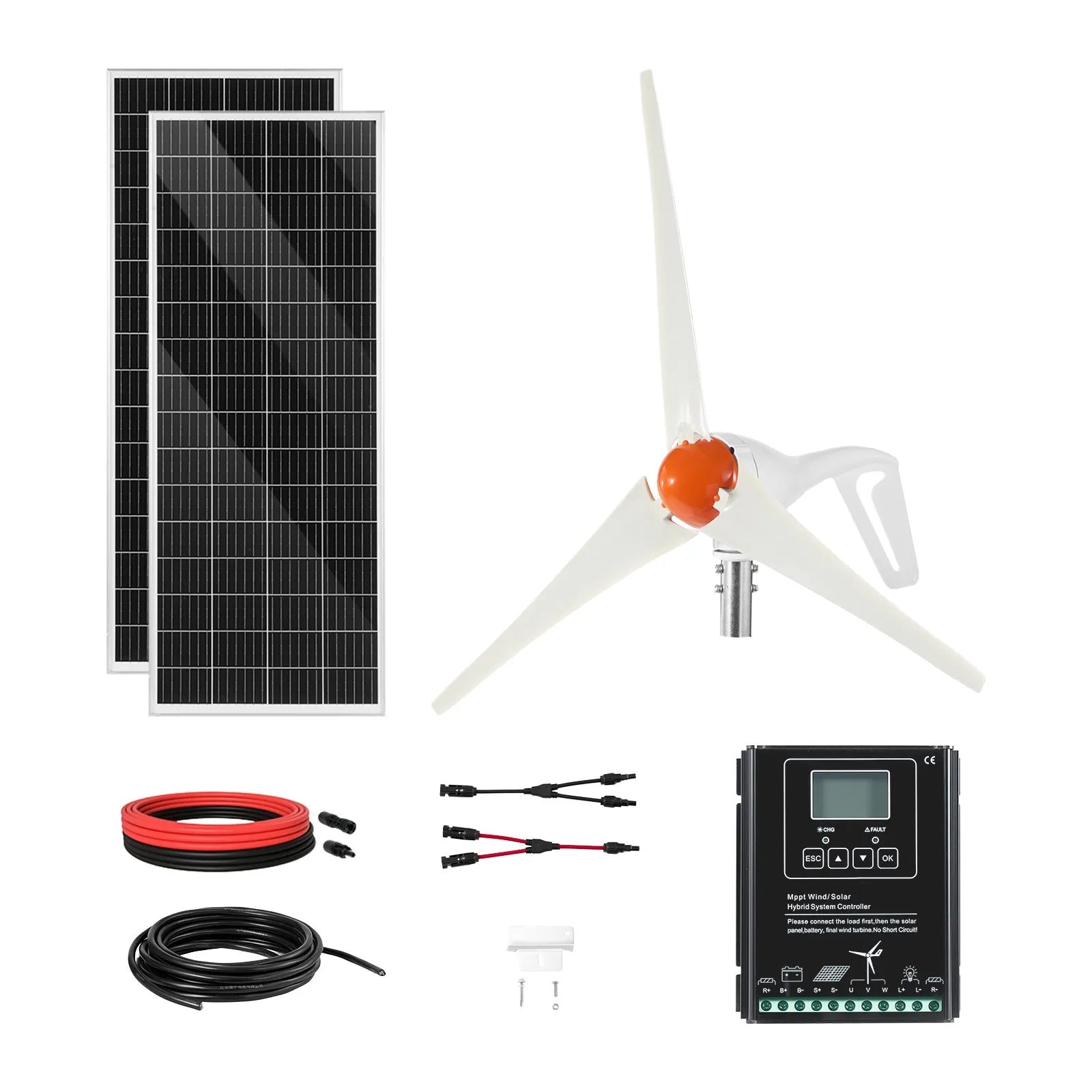 VEVOR 12 V 400 W saules un vēja enerģijas komplekts, 2 × 100 W monokristāliskie saules paneļi, 200 W vēja turbīna un MPPT saules/vēja hibrīdais kontrolieris, piemērots mājām, kemperiem, laivām un bezpiekļuves sistēmām
