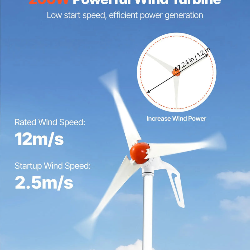 VEVOR 12 V 400 W saules un vēja enerģijas komplekts, 2 × 100 W monokristāliskie saules paneļi, 200 W vēja turbīna un MPPT saules/vēja hibrīdais kontrolieris, piemērots mājām, kemperiem, laivām un bezpiekļuves sistēmām