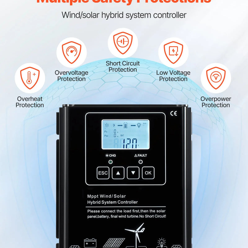 VEVOR 12 V 400 W saules un vēja enerģijas komplekts, 2 × 100 W monokristāliskie saules paneļi, 200 W vēja turbīna un MPPT saules/vēja hibrīdais kontrolieris, piemērots mājām, kemperiem, laivām un bezpiekļuves sistēmām