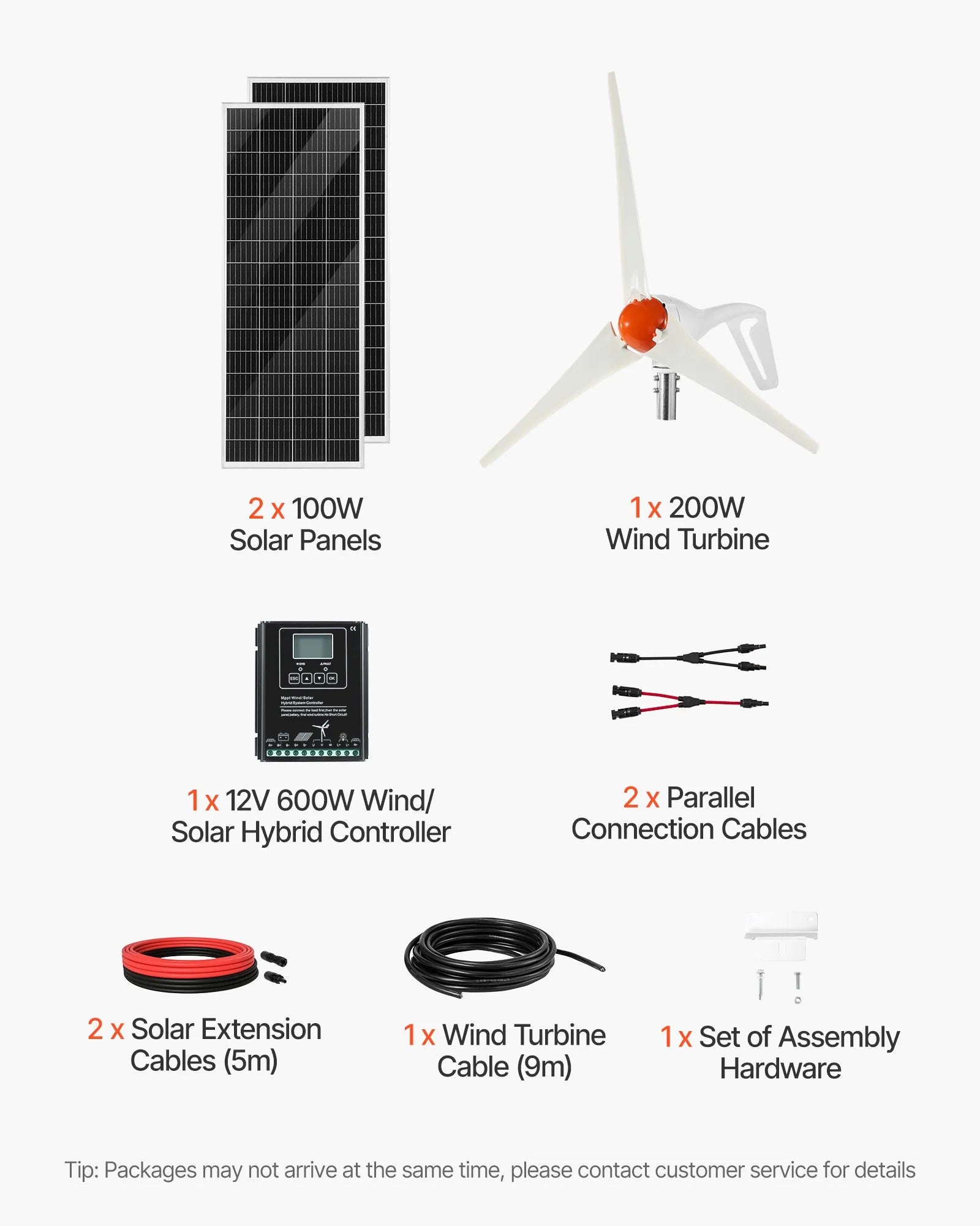VEVOR 12 V 400 W saules un vēja enerģijas komplekts, 2 × 100 W monokristāliskie saules paneļi, 200 W vēja turbīna un MPPT saules/vēja hibrīdais kontrolieris, piemērots mājām, kemperiem, laivām un bezpiekļuves sistēmām