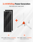 VEVOR 12 V 600 W saules un vēja enerģijas komplekts, 2 × 100 W monokristāliskie paneļi, 400 W vēja turbīna ar kontrolieri, 12,8 V 100 Ah LiFePO₄ akumulators un 1000 W hibrīdais saules invertors mājai, kemperim, laivai un autonomai lietošanai