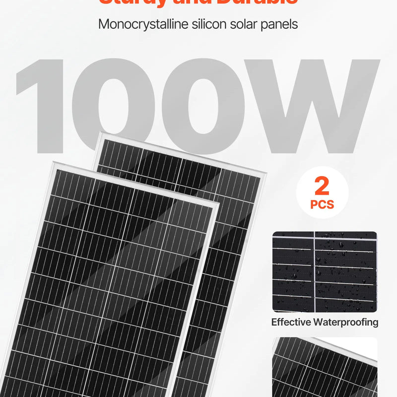 VEVOR 12 V 600 W saules un vēja enerģijas komplekts, 2 × 100 W monokristāliskie paneļi, 400 W vēja turbīna ar kontrolieri, 12,8 V 100 Ah LiFePO₄ akumulators un 1000 W hibrīdais saules invertors mājai, kemperim, laivai un autonomai lietošanai