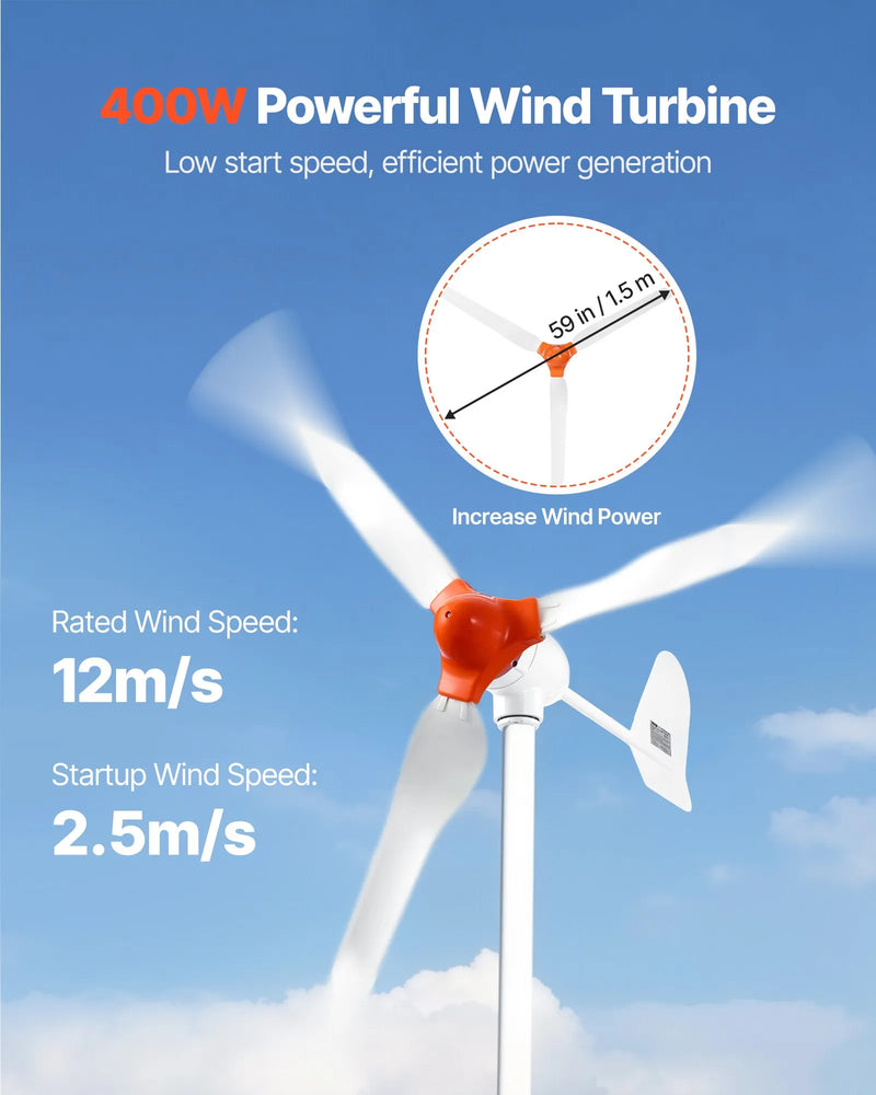 VEVOR 12 V 600 W saules un vēja enerģijas komplekts, 2 × 100 W monokristāliskie paneļi, 400 W vēja turbīna ar kontrolieri, 12,8 V 100 Ah LiFePO₄ akumulators un 1000 W hibrīdais saules invertors mājai, kemperim, laivai un autonomai lietošanai