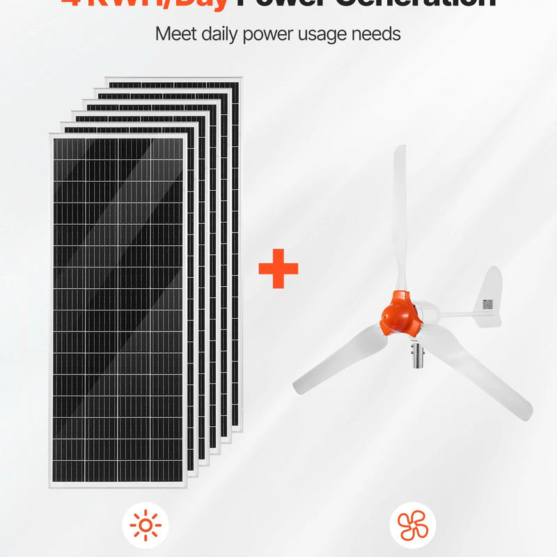 VEVOR 24 V 1000 W saules un vēja enerģijas komplekts ar 6 × 100 W monokristāliskiem paneļiem, 400 W turbīnu ar kontrolieri, 25,6 V 100 Ah LiFePO₄ akumulatoru un 24 V 3000 W hibrīdo invertoru mājām, laivām, namiņiem, saimniecībām