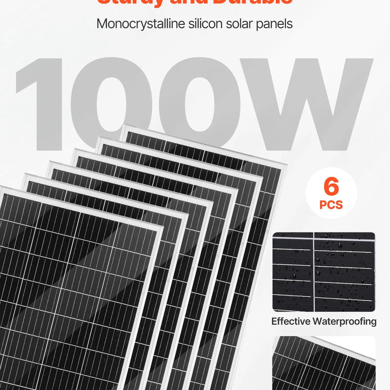 VEVOR 24 V 1000 W saules un vēja enerģijas komplekts ar 6 × 100 W monokristāliskiem paneļiem, 400 W turbīnu ar kontrolieri, 25,6 V 100 Ah LiFePO₄ akumulatoru un 24 V 3000 W hibrīdo invertoru mājām, laivām, namiņiem, saimniecībām