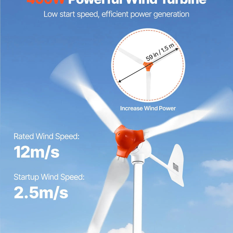 VEVOR 24 V 1000 W saules un vēja enerģijas komplekts ar 6 × 100 W monokristāliskiem paneļiem, 400 W turbīnu ar kontrolieri, 25,6 V 100 Ah LiFePO₄ akumulatoru un 24 V 3000 W hibrīdo invertoru mājām, laivām, namiņiem, saimniecībām