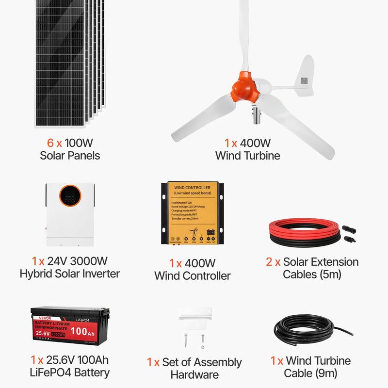 VEVOR 24 V 1000 W saules un vēja enerģijas komplekts ar 6 × 100 W monokristāliskiem paneļiem, 400 W turbīnu ar kontrolieri, 25,6 V 100 Ah LiFePO₄ akumulatoru un 24 V 3000 W hibrīdo invertoru mājām, laivām, namiņiem, saimniecībām