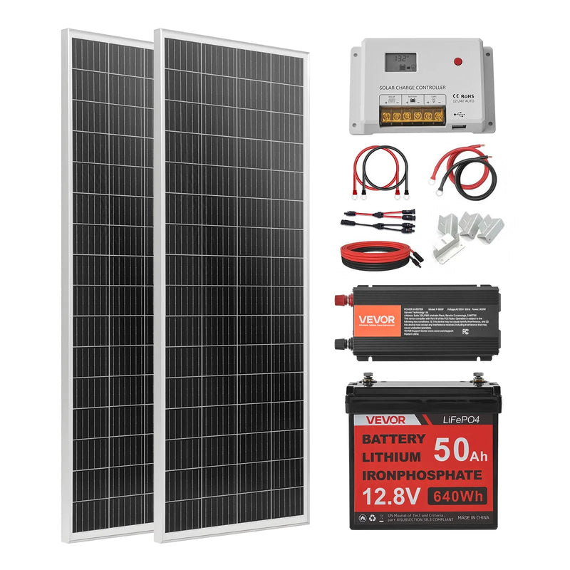 VEVOR 200 W 12 V pilns saules enerģijas komplekts ar 2 × 100 W monokristāliskiem paneļiem, 12,8 V 50 Ah LiFePO₄ akumulatoru, 40 A uzlādes kontrolieri un 800 W strāvas pārveidotāju, paredzēts kemperiem, mājām, kempingam, laivām un autonomām sistēmām