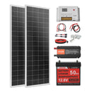 VEVOR 200 W 12 V pilns saules enerģijas komplekts ar 2 × 100 W monokristāliskiem paneļiem, 12,8 V 50 Ah LiFePO₄ akumulatoru, 40 A uzlādes kontrolieri un 800 W strāvas pārveidotāju, paredzēts kemperiem, mājām, kempingam, laivām un autonomām sistēmām