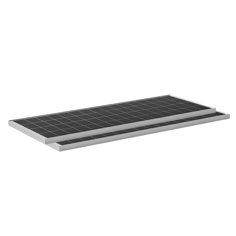 VEVOR 200 W 12 V pilns saules enerģijas komplekts ar 2 × 100 W monokristāliskiem paneļiem, 12,8 V 50 Ah LiFePO₄ akumulatoru, 40 A uzlādes kontrolieri un 800 W strāvas pārveidotāju, paredzēts kemperiem, mājām, kempingam, laivām un autonomām sistēmām