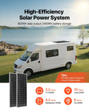 VEVOR 200 W 12 V pilns saules enerģijas komplekts ar 2 × 100 W monokristāliskiem paneļiem, 12,8 V 50 Ah LiFePO₄ akumulatoru, 40 A uzlādes kontrolieri un 800 W strāvas pārveidotāju, paredzēts kemperiem, mājām, kempingam, laivām un autonomām sistēmām