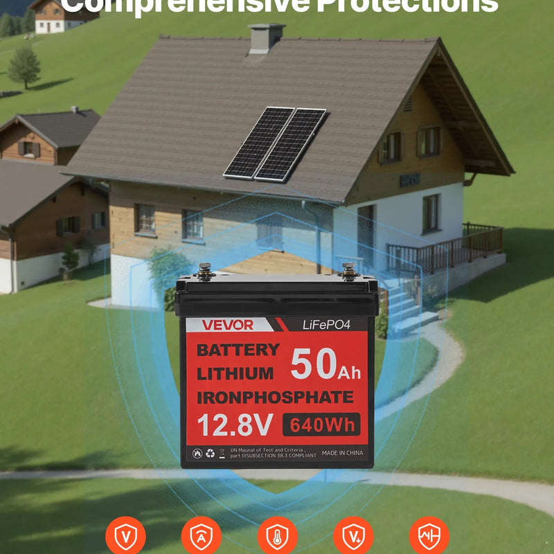 VEVOR 200 W 12 V pilns saules enerģijas komplekts ar 2 × 100 W monokristāliskiem paneļiem, 12,8 V 50 Ah LiFePO₄ akumulatoru, 40 A uzlādes kontrolieri un 800 W strāvas pārveidotāju, paredzēts kemperiem, mājām, kempingam, laivām un autonomām sistēmām