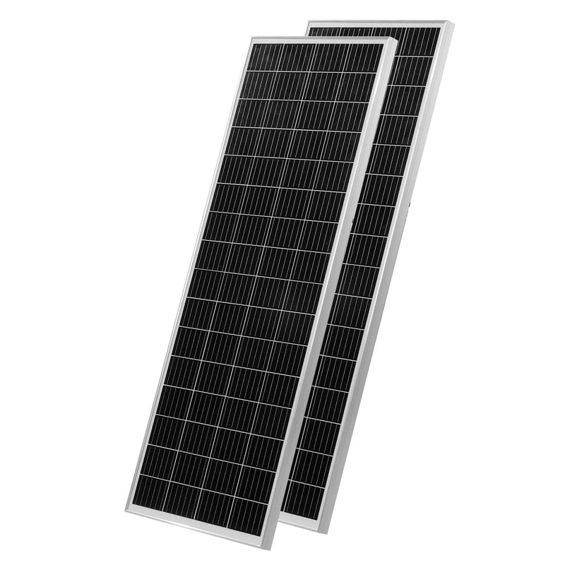 VEVOR 200 W 12 V pilns saules enerģijas komplekts ar 2 × 100 W monokristāliskiem paneļiem, 12,8 V 50 Ah LiFePO₄ akumulatoru, 40 A uzlādes kontrolieri un 800 W strāvas pārveidotāju, paredzēts kemperiem, mājām, kempingam, laivām un autonomām sistēmām