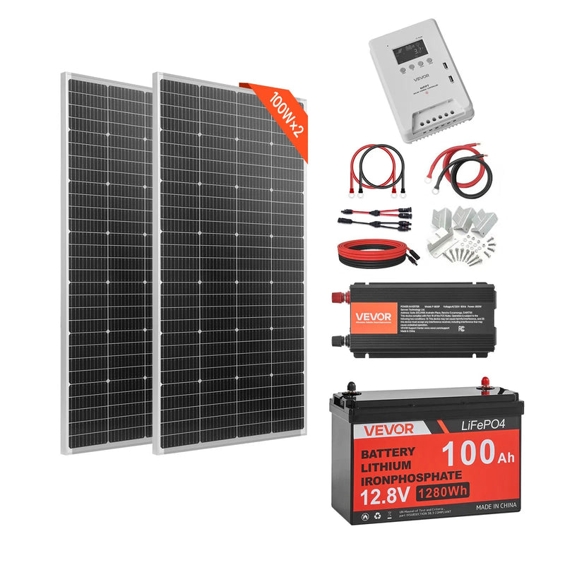 VEVOR 400 W pilns saules enerģijas komplekts ar 2 × 200 W monokristāliskajiem paneļiem, 12,8 V 100 Ah LiFePO₄ akumulatoru, 40 A MPPT uzlādes kontrolieri un 1000 W invertoru mājai, kemperiem, laivām un autonomām sistēmām