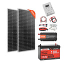 VEVOR 400 W pilns saules enerģijas komplekts ar 2 × 200 W monokristāliskajiem paneļiem, 12,8 V 100 Ah LiFePO₄ akumulatoru, 40 A MPPT uzlādes kontrolieri un 1000 W invertoru mājai, kemperiem, laivām un autonomām sistēmām