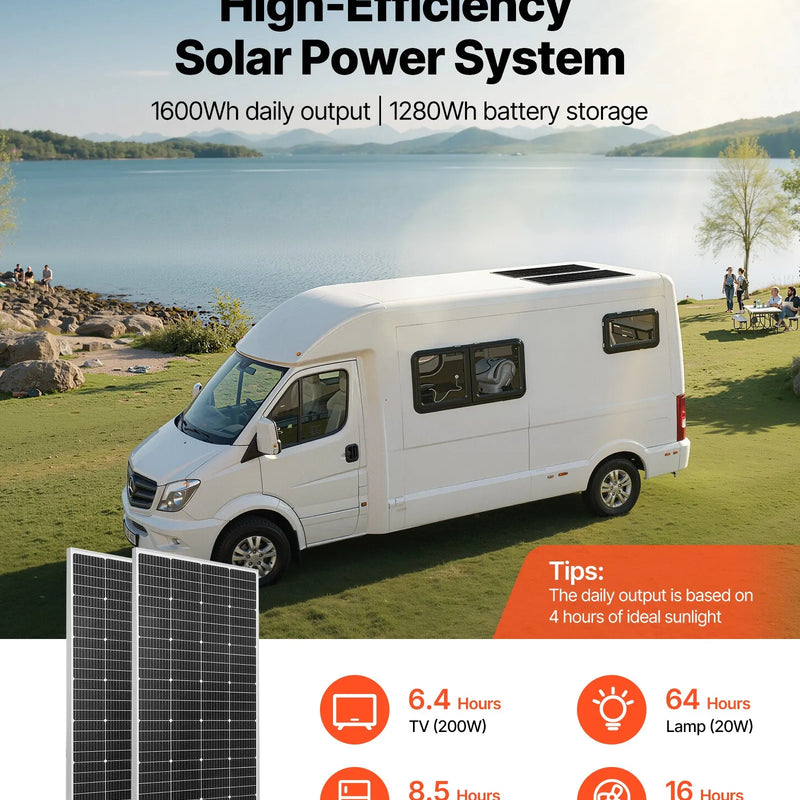 VEVOR 400 W pilns saules enerģijas komplekts ar 2 × 200 W monokristāliskajiem paneļiem, 12,8 V 100 Ah LiFePO₄ akumulatoru, 40 A MPPT uzlādes kontrolieri un 1000 W invertoru mājai, kemperiem, laivām un autonomām sistēmām