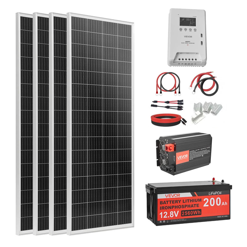 VEVOR 400 W pilns saules enerģijas komplekts ar 4 × 100 W monokristāliskajiem paneļiem, 12,8 V 200 Ah LiFePO₄ akumulatoru, 40 A MPPT uzlādes kontrolieri un 2000 W invertoru mājai, kemperiem, laivām un autonomām sistēmām