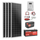 VEVOR 400 W pilns saules enerģijas komplekts ar 4 × 100 W monokristāliskajiem paneļiem, 12,8 V 200 Ah LiFePO₄ akumulatoru, 40 A MPPT uzlādes kontrolieri un 2000 W invertoru mājai, kemperiem, laivām un autonomām sistēmām