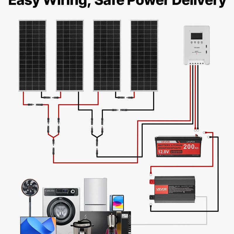 VEVOR 400 W pilns saules enerģijas komplekts ar 4 × 100 W monokristāliskajiem paneļiem, 12,8 V 200 Ah LiFePO₄ akumulatoru, 40 A MPPT uzlādes kontrolieri un 2000 W invertoru mājai, kemperiem, laivām un autonomām sistēmām