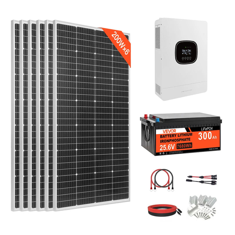 VEVOR 1200 W 24 V pilns saules enerģijas komplekts, 6 × 200 W monokristāliskie saules paneļi, 25,6 V 300 Ah LiFePO₄ akumulators, 24 V 3600 W hibrīdinvertors autonomām sistēmām lielai mājai, šķūnim vai saimniecībai