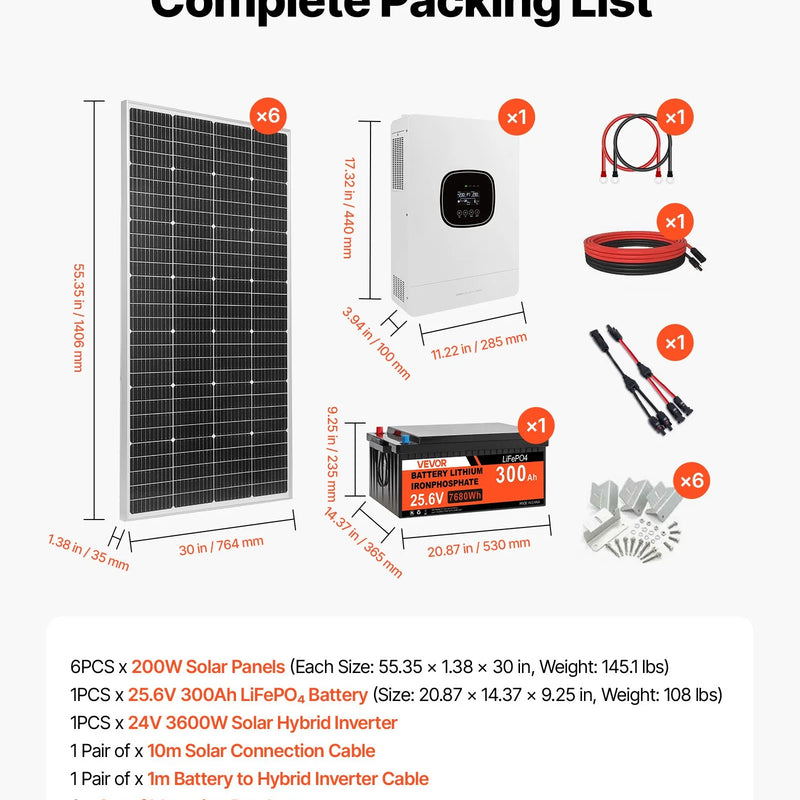 VEVOR 1200 W 24 V pilns saules enerģijas komplekts, 6 × 200 W monokristāliskie saules paneļi, 25,6 V 300 Ah LiFePO₄ akumulators, 24 V 3600 W hibrīdinvertors autonomām sistēmām lielai mājai, šķūnim vai saimniecībai
