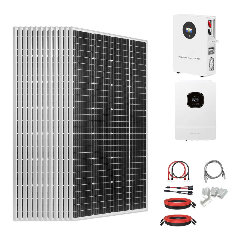 VEVOR 2400 W 48 V pilns saules enerģijas komplekts, 12 × 200 W monokristāliskie saules paneļi, 51,2 V 100 Ah LiFePO₄ akumulators, 48 V 5000 W hibrīdinvertors autonomām sistēmām lielai mājai, šķūnim vai saimniecībai