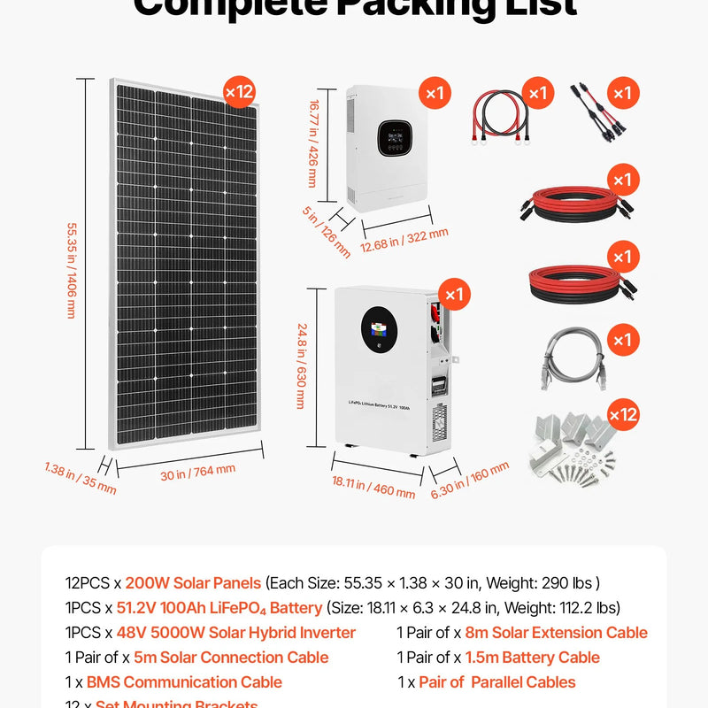 VEVOR 2400 W 48 V pilns saules enerģijas komplekts, 12 × 200 W monokristāliskie saules paneļi, 51,2 V 100 Ah LiFePO₄ akumulators, 48 V 5000 W hibrīdinvertors autonomām sistēmām lielai mājai, šķūnim vai saimniecībai