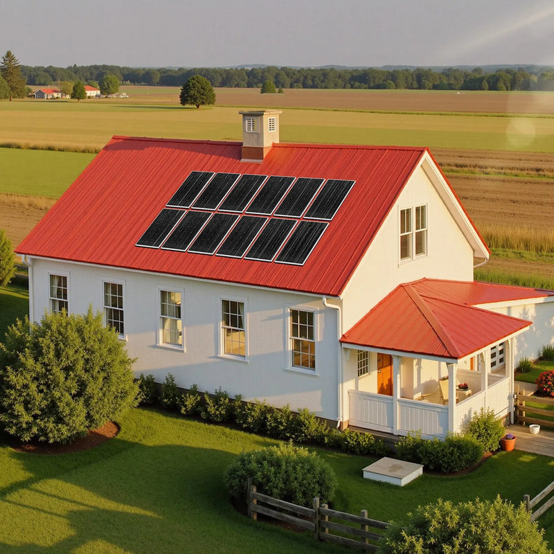 VEVOR 2400 W 48 V pilns saules enerģijas komplekts, 12 × 200 W monokristāliskie saules paneļi, 51,2 V 100 Ah LiFePO₄ akumulators, 48 V 5000 W hibrīdinvertors autonomām sistēmām lielai mājai, šķūnim vai saimniecībai