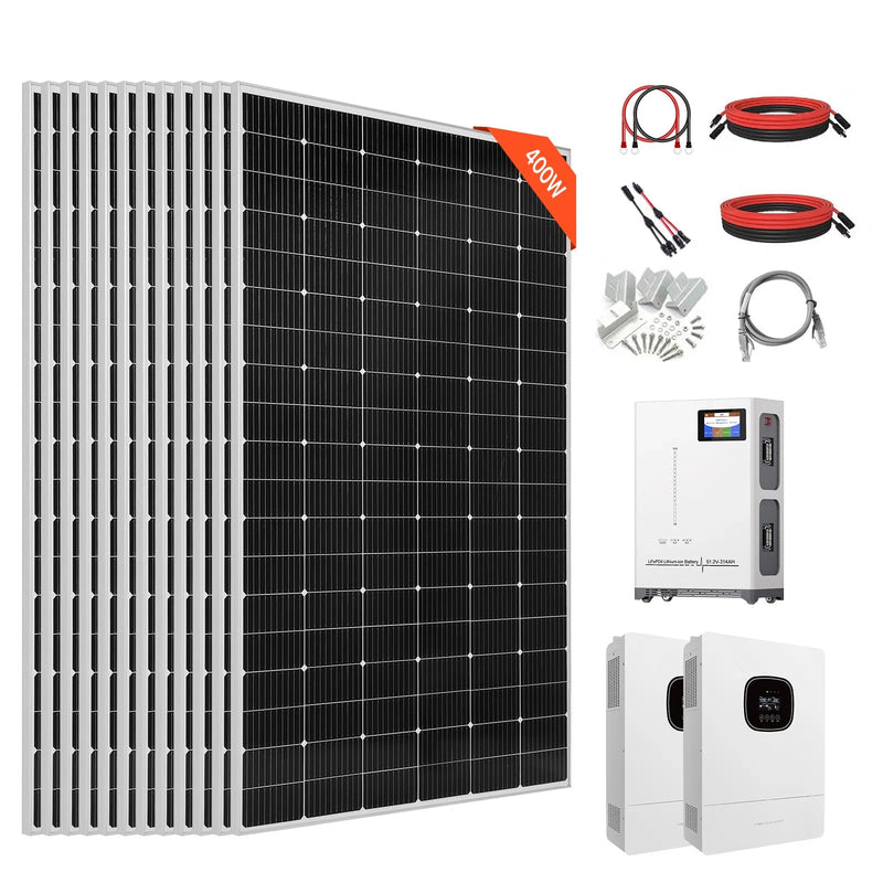 VEVOR 4800 W 48 V pilns saules enerģijas komplekts, 12 × 400 W monokristāliskie saules paneļi, 51,2 V 300 Ah LiFePO₄ akumulators, 2 × 5000 W hibrīdinvertori autonomām sistēmām lielai mājai, šķūnim vai saimniecībai