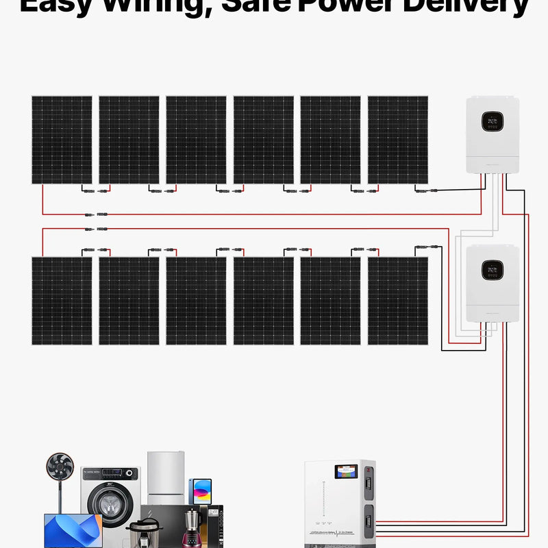 VEVOR 4800 W 48 V pilns saules enerģijas komplekts, 12 × 400 W monokristāliskie saules paneļi, 51,2 V 300 Ah LiFePO₄ akumulators, 2 × 5000 W hibrīdinvertori autonomām sistēmām lielai mājai, šķūnim vai saimniecībai