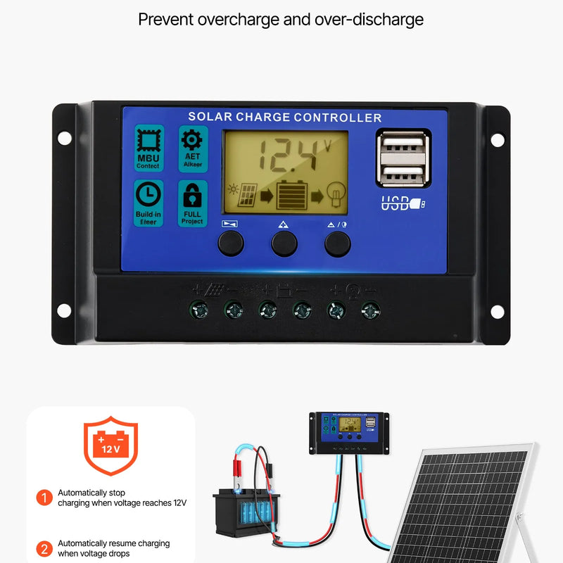 VEVOR 20 W 12 V saules paneļa akumulatora lādētājs ar MPPT kontrolieri un regulējamu stiprinājuma kronšteinu, IP67 ūdensizturīgu konstrukciju, piemērots automašīnām, laivām, kemperiem, motocikliem un piekabēm