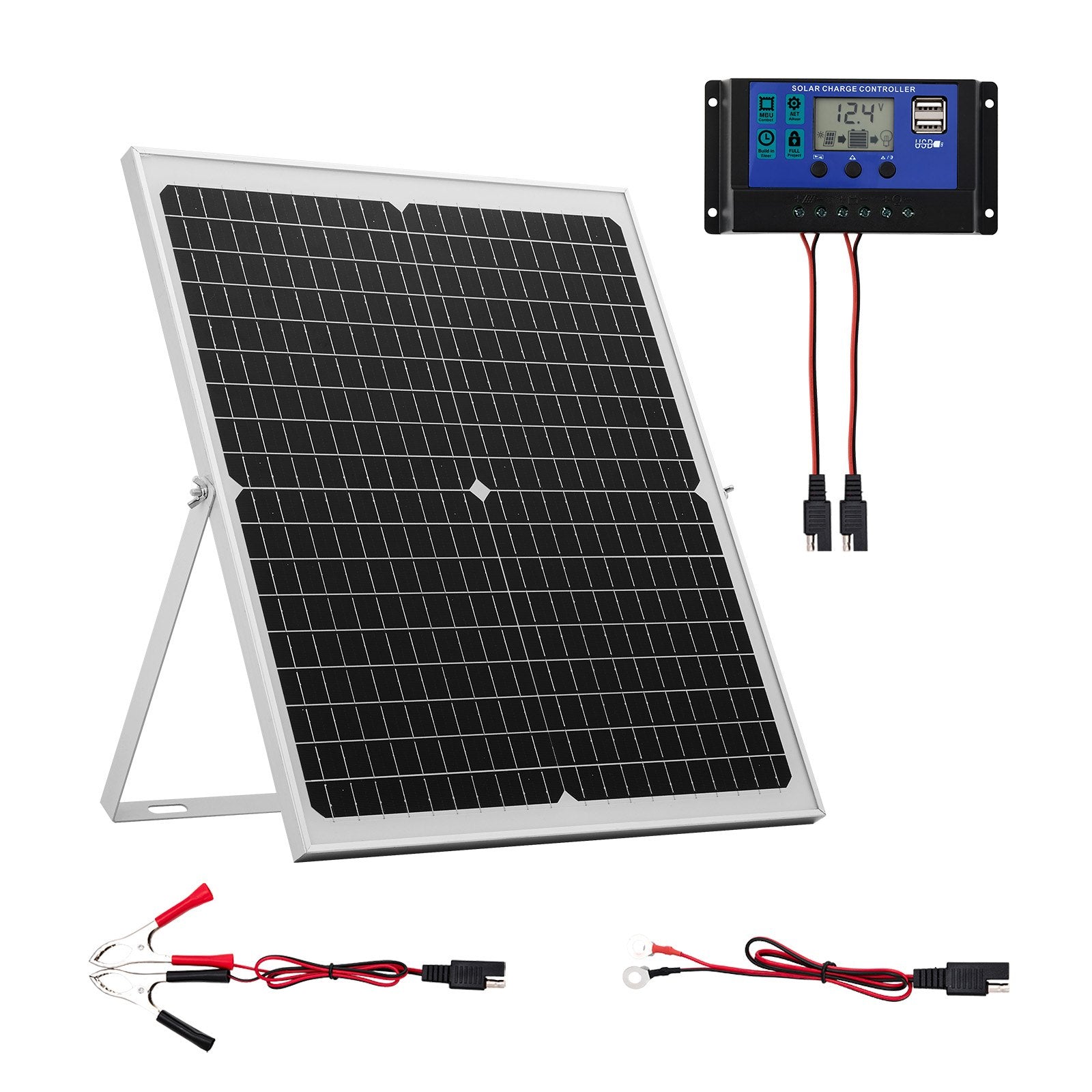 VEVOR 30 W 12 V saules paneļa akumulatora lādētājs, uzturošās uzlādes saules lādētājs ar viedo MPPT kontrolieri un regulējamu montāžas kronšteinu, IP67 ūdensizturīgs, paredzēts automašīnām, laivām, kemperiem, motocikliem un piekabēm