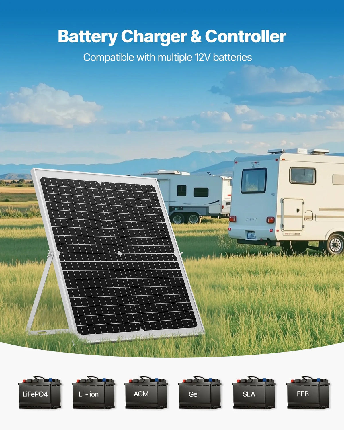 VEVOR 30 W 12 V saules paneļa akumulatora lādētājs, uzturošās uzlādes saules lādētājs ar viedo MPPT kontrolieri un regulējamu montāžas kronšteinu, IP67 ūdensizturīgs, paredzēts automašīnām, laivām, kemperiem, motocikliem un piekabēm