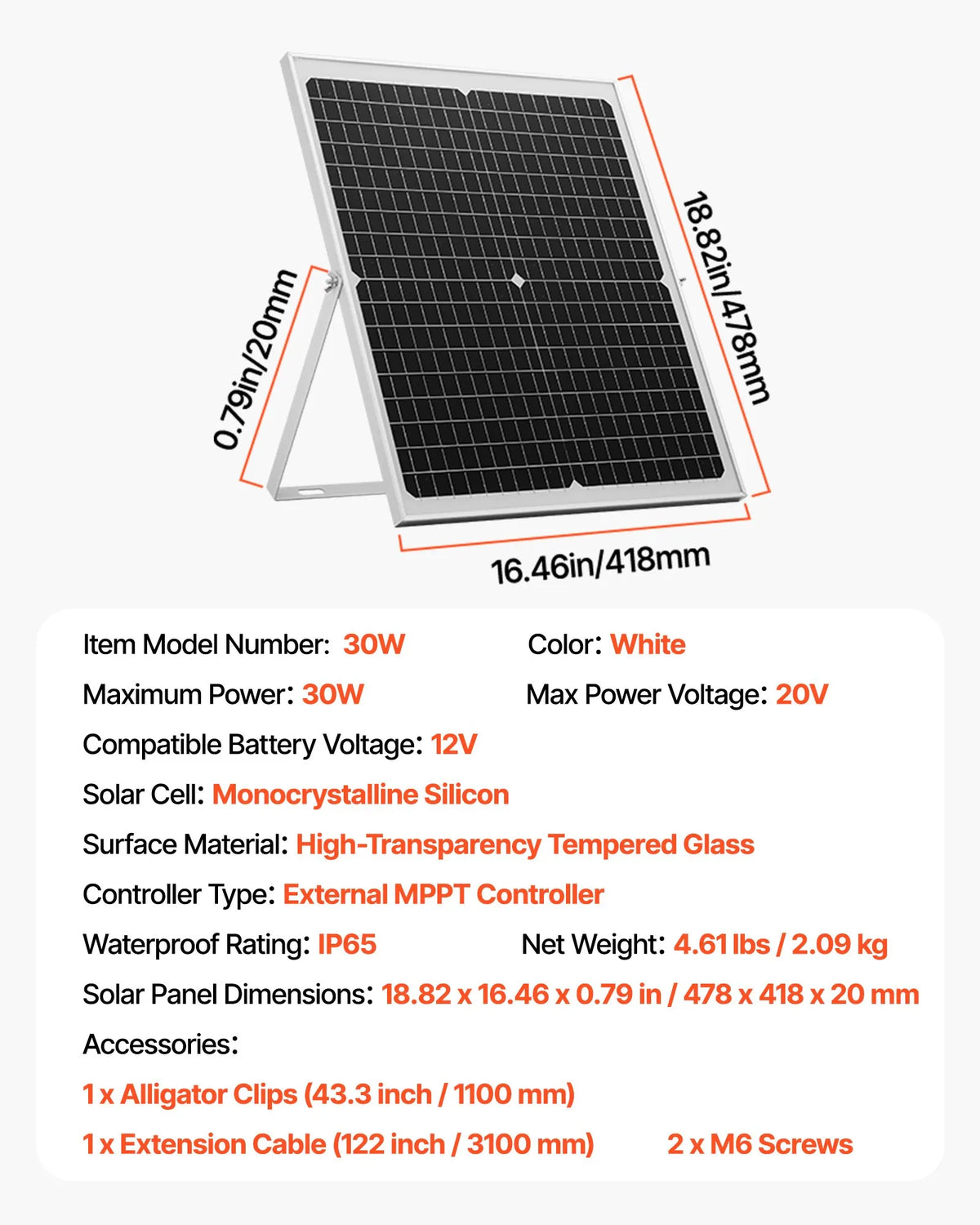 VEVOR 30 W 12 V saules paneļa akumulatora lādētājs, uzturošās uzlādes saules lādētājs ar viedo MPPT kontrolieri un regulējamu montāžas kronšteinu, IP67 ūdensizturīgs, paredzēts automašīnām, laivām, kemperiem, motocikliem un piekabēm