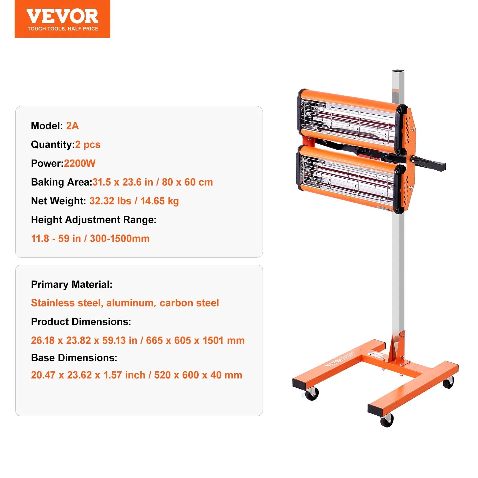 VEVOR 2200 W high power infrared paint drying lamp for drying and heating the car body