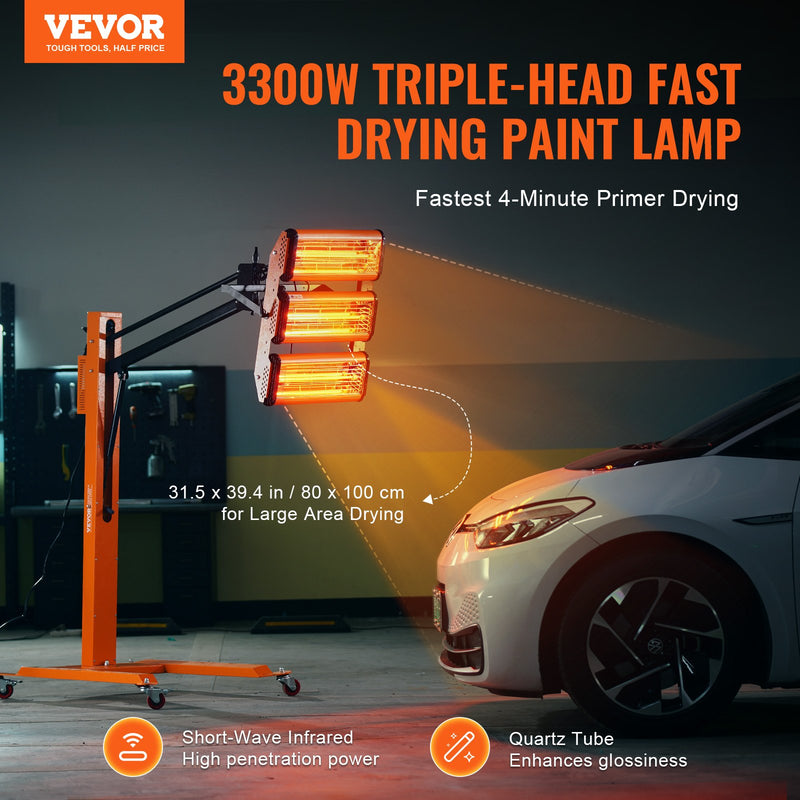 VEVOR 3300W infrasarkanā krāsas žāvēšanas lampa ar statīvu, 0,8 m² pārklājums, 1–60 min taimeris
